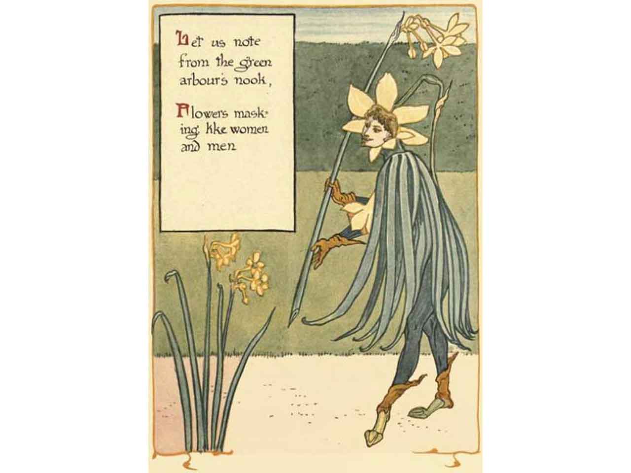 The flowers masquerade as people. Sir Jonquil begins the fun, illustration from A Floral Fantasy in an Old English Garden, 1899