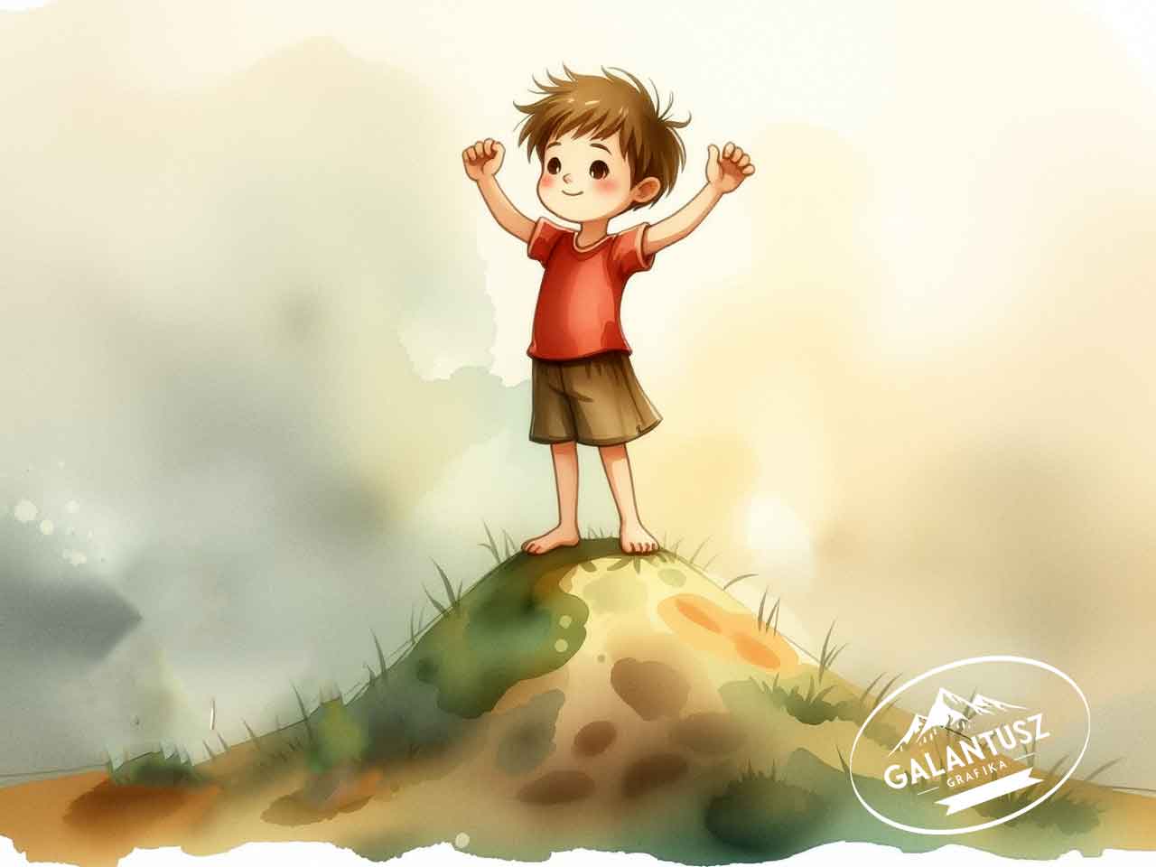 Bátor kisfiú testbeszéde a gyerekkönyv-illusztrációban – Galantusz Grafika Kisfiú karjait felemelve áll egy domb tetején, testbeszéde bátorságot és önbizalmat sugároz, gyerekkönyv illusztráció.