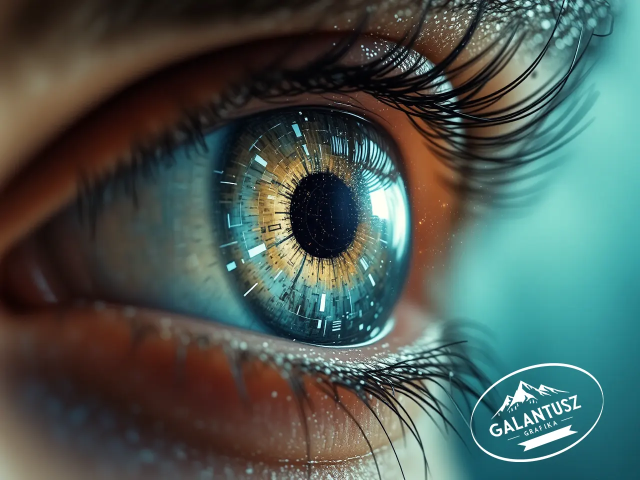 Makró emberi szem digitális mintázattal, futurisztikus illusztratív hatással.