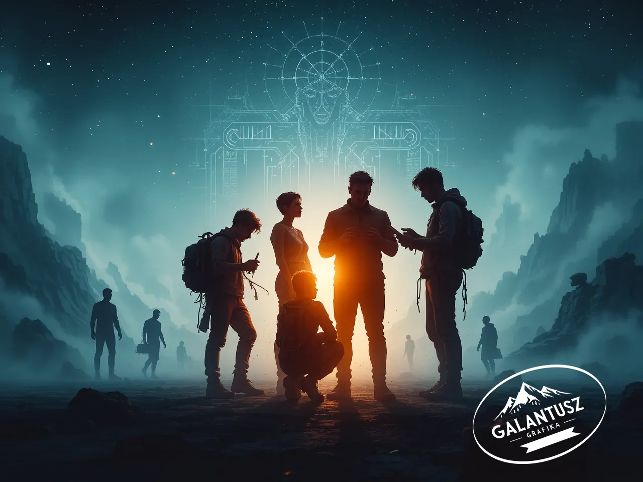 Emberek együtt gondolkodnak és terveznek egy bizonytalan környezetben, miközben egy absztrakt AI-jelenlét látható a háttérben.