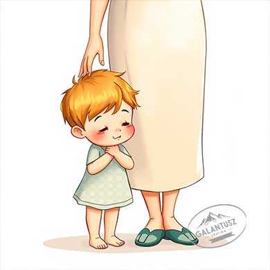 Gyermek testbeszédet bemutató illusztráció: félénk kisgyerek áll anyja mellett, összekulcsolt kézzel, védelmező anya mozdulattal.