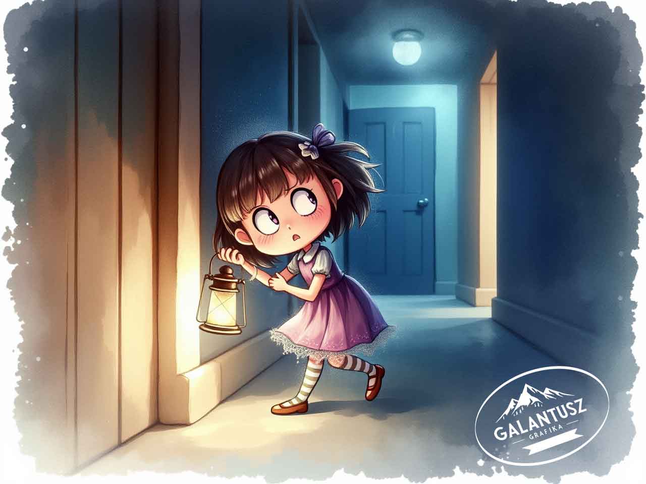 Félszeg kislány lámpással a kezében óvatosan néz körbe a folyosón, testbeszéde félelmet és kíváncsiságot tükröz, gyerekkönyv illusztráció.