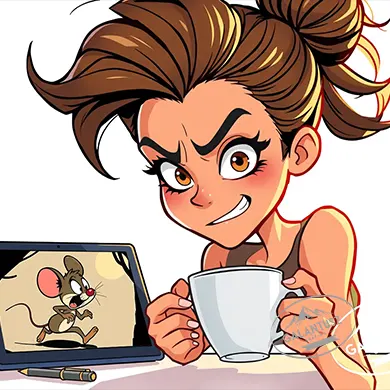 Véreres szemű, kimerült női illusztrátor kávéval, háttérben digitális rajz és stylus – karikatúra illusztráció, Galantusz.