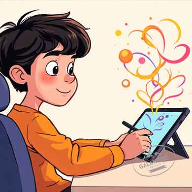 Ez az illusztráció egy fiatal művészt ábrázol, aki digitális rajztáblán dolgozik. A karakter barátságos, nagy szemű, mosolygós arcával, körülötte színes, örvénylő formák jelennek meg, kiemelve a kreatív alkotás örömét. A rajzfilmszerű, gyerekbarát stílus tökéletesen illik könyvillusztrációhoz és inspiráló környezetet teremt.