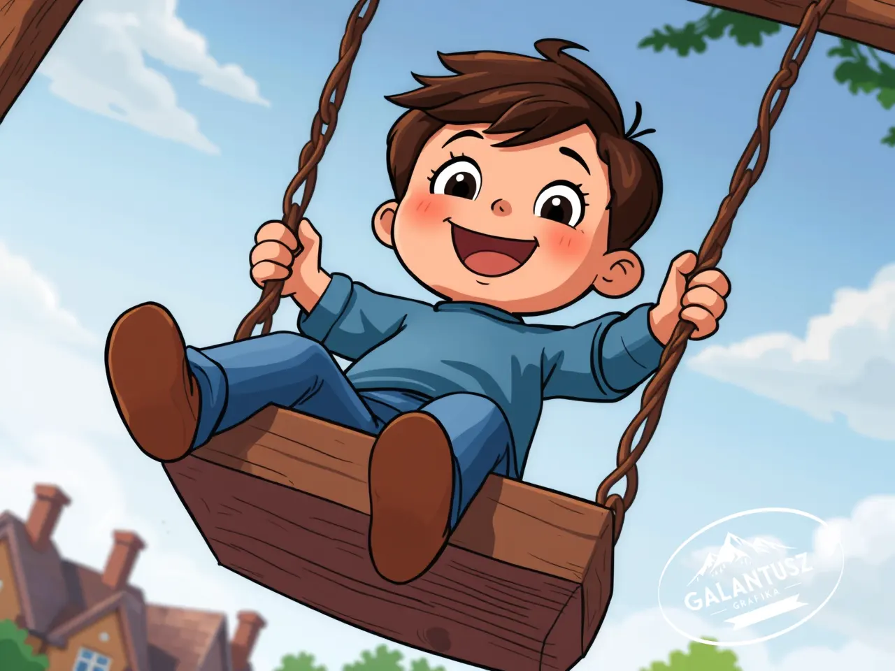 Boldog kisfiú hintázik a játszótéren, illusztráció gyerekeknek, amely érzelmi mintát és örömteli viselkedést közvetít – vizuális nevelési célból.