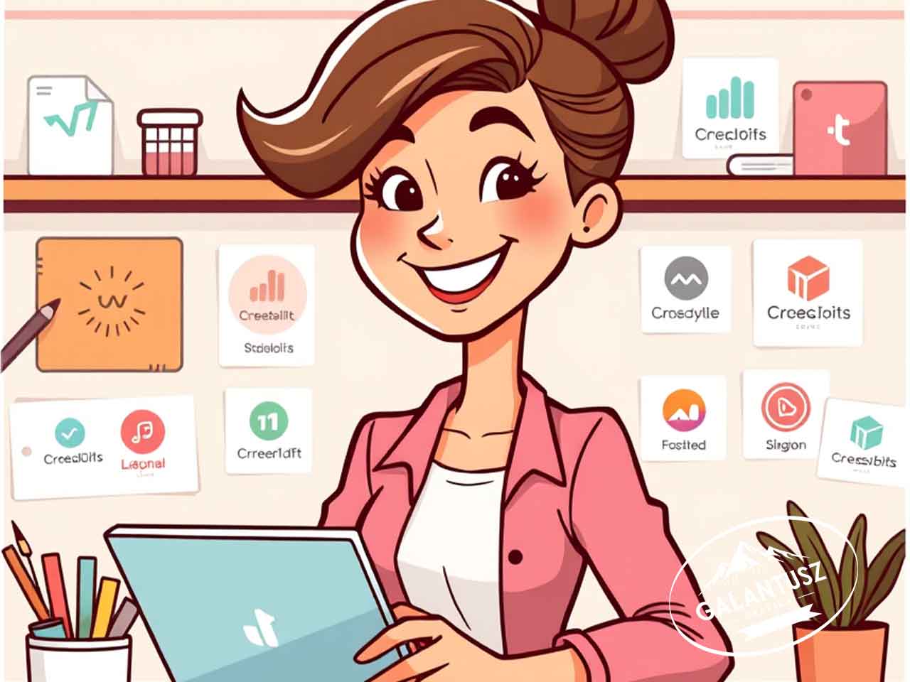 Mosolygó kreatív szakember illusztrációs munkakörnyezetben – vizuális arculati döntések