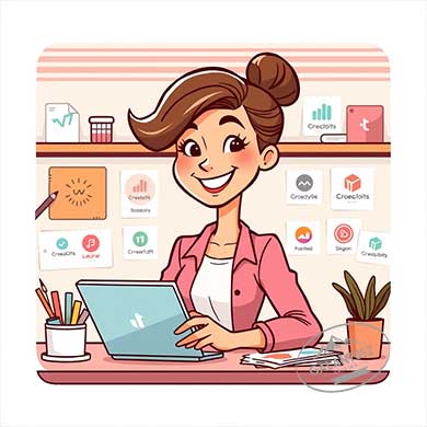 Mosolygó kreatív szakember illusztrációs munkakörnyezetben – vizuális arculati döntések