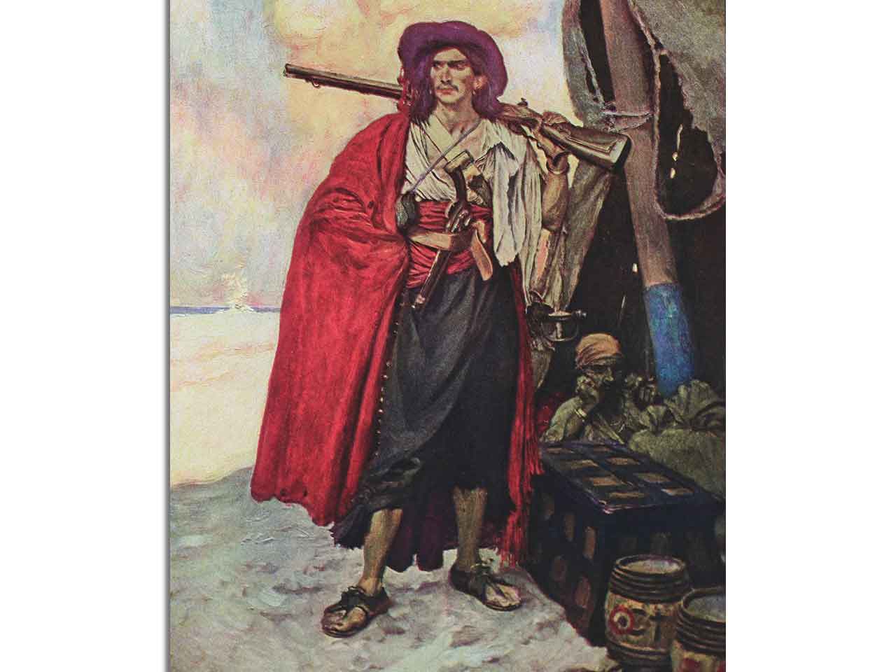 Ez a dinamikus illusztráció Howard Pyle egyik ikonikus kalózábrázolása. A középpontban egy határozott kiállású, vörös köpenyes kalóz áll, vállán puskával, övében tőrrel, háttérben tengerparti környezet és egy másik alak árnyban. A karakter arckifejezése és testtartása erőt, méltóságot és titokzatosságot sugároz. A részletgazdag, festői kidolgozás remek példája a történelmi illusztráció aranykorának, Pyle művészetének esszenciáját hordozva. Tökéletes vizuális kísérő a kalózmotívumokat feldolgozó riporthoz.