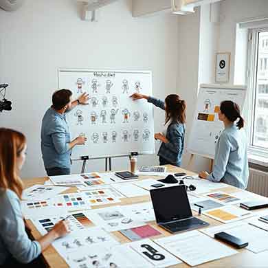 Ez az illusztráció egy branding workshopot mutat be, ahol egy kreatív csapat karakterillusztrációkat értékel arculati szempontból. A fő tábla ugyanannak a figurának a variációit mutatja, miközben az asztalon színpaletták, tipográfiai minták és vizuális irányelvek láthatók. A jelenet a karakter vizuális egységbe rendezésének folyamatát ábrázolja – az arculatépítés egyik kulcslépését.