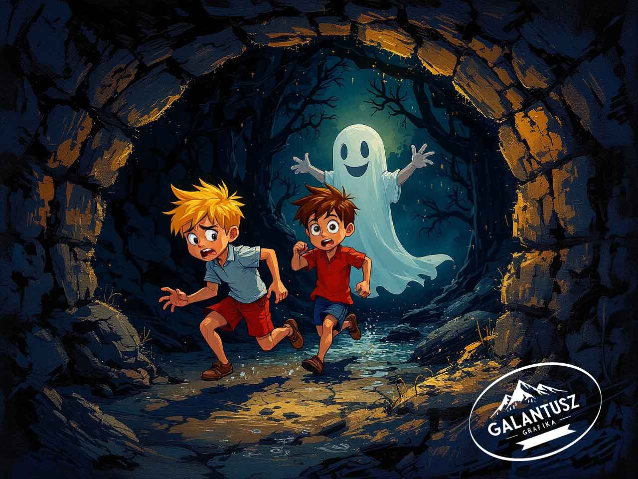 Két kisfiú menekül egy vidám szellem elől sötét alagútban, dinamikus mesekönyv illusztráció – Galantusz Grafika.