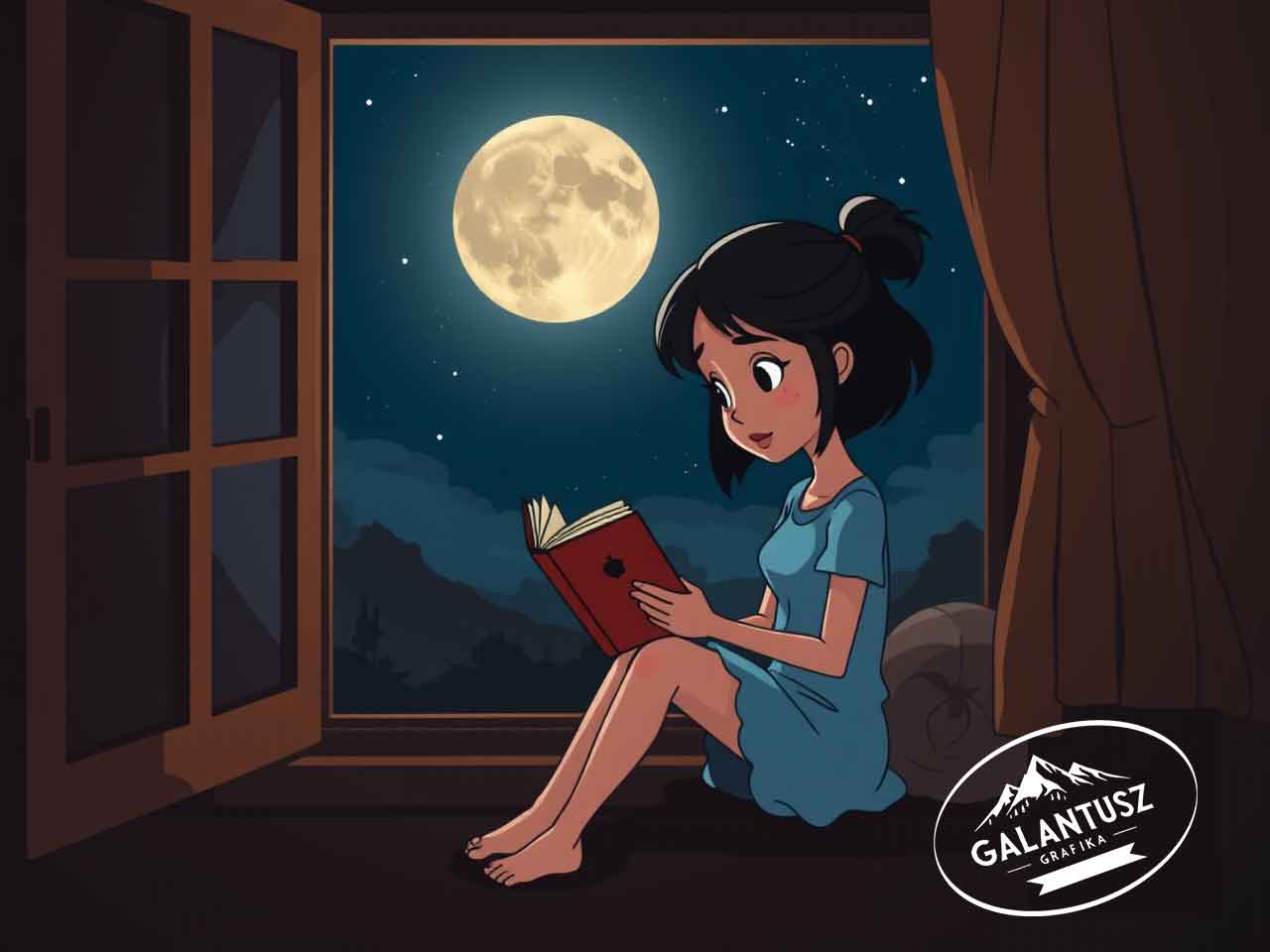 Kislány ül nyitott ablakban telihold alatt, olvas egy könyvet – meleg hangulatú gyerekkönyv illusztráció
