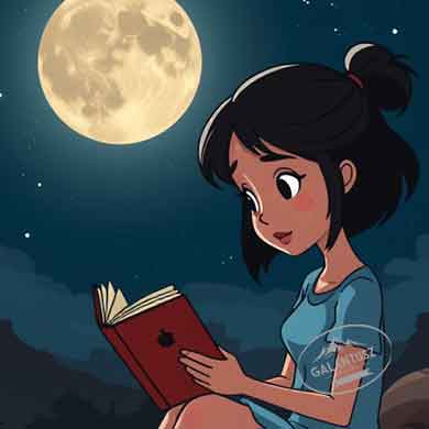 Kislány ül nyitott ablakban telihold alatt, olvas egy könyvet – meleg hangulatú gyerekkönyv illusztráció