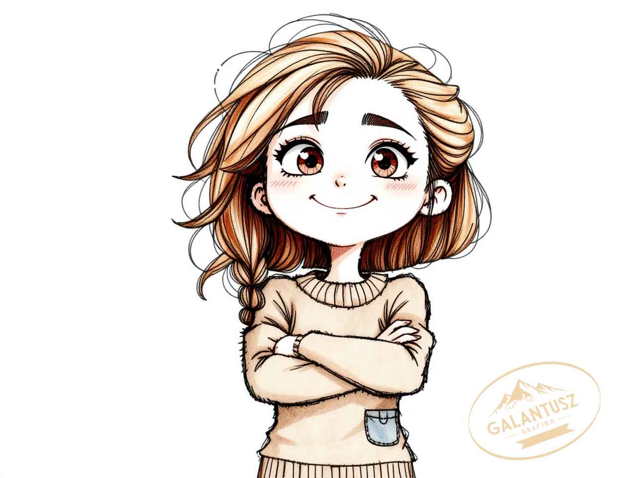 Egy boldog rajzfilmlány áll keresztbe tett karral, felfelé néz. Vad, kusza barna haja kócos oldalfonatban, nagy, kifejező szemei és szeplős arca van.