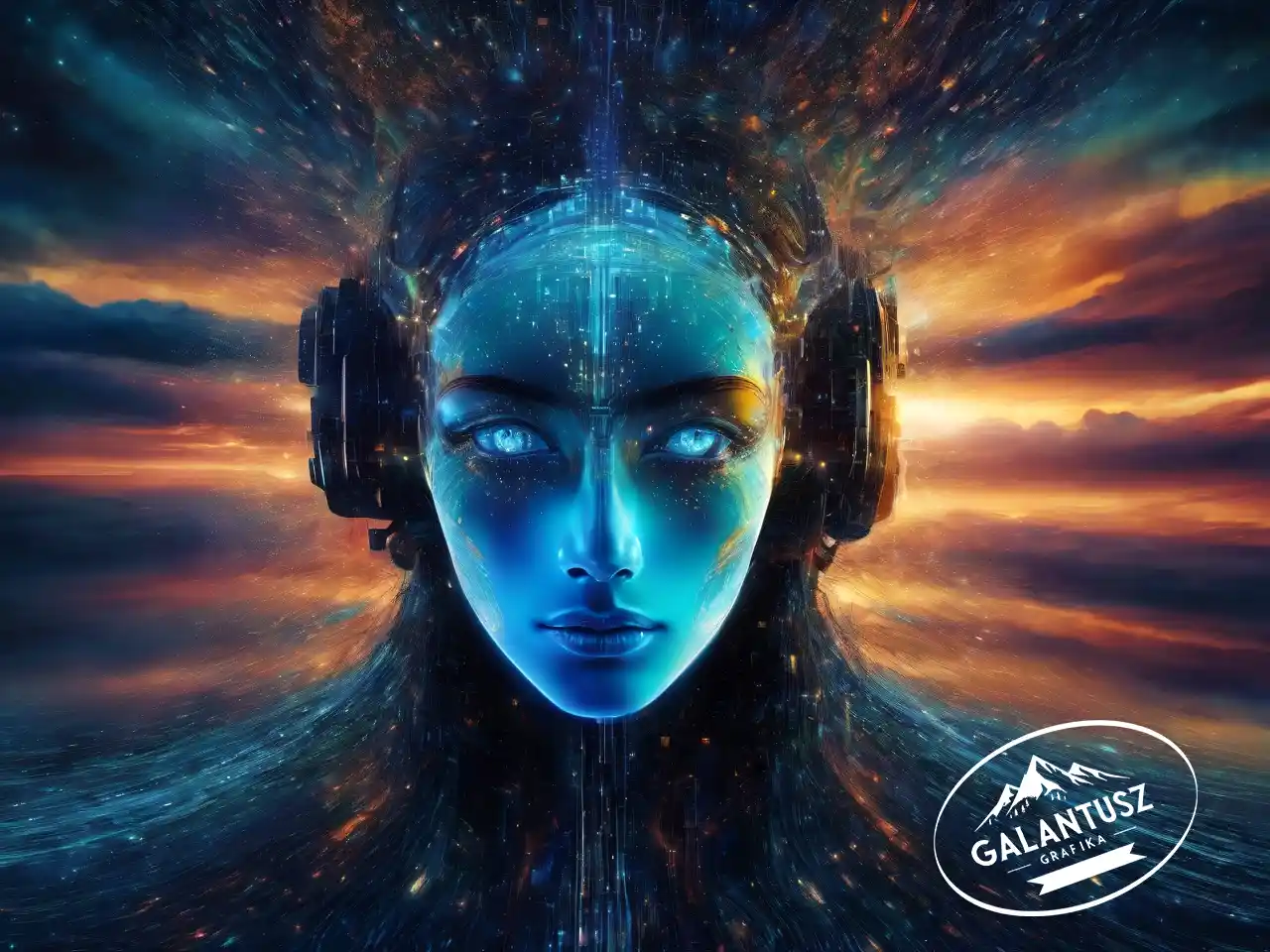 igitális portré futurisztikus női arccal, amely az AI és kreativitás összekapcsolódását szimbolizálja.