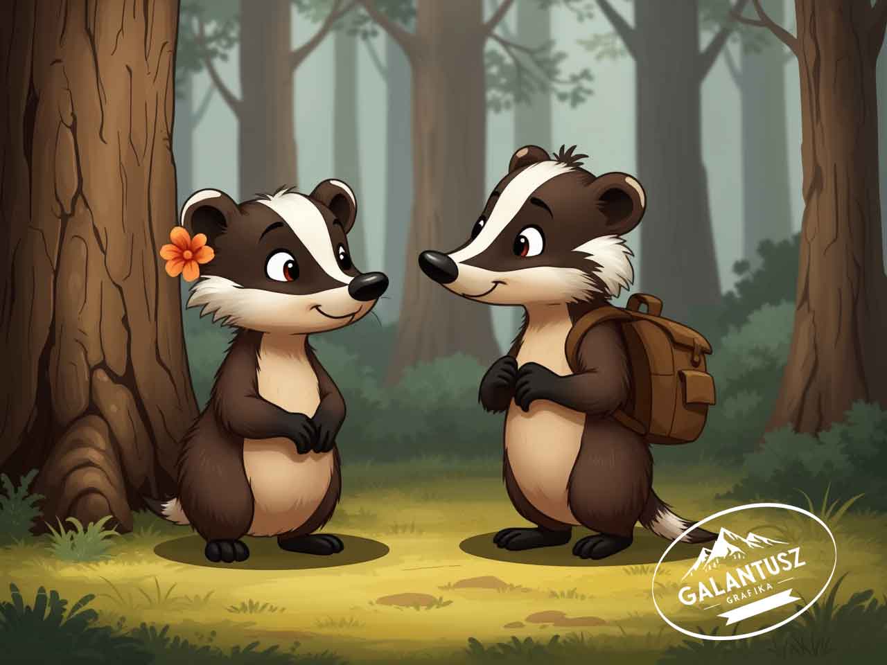 Mesekönyv illusztráció két borzzal erdei környezetben