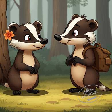 Mesekönyv illusztráció két borzzal erdei környezetben