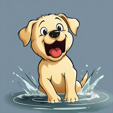 Ez az illusztráció egy mesekönyv jelenetet idéz, amelyben egy mosolygós kölyökkutya pancsol örömmel. A kép tökéletes példája annak, hogyan tud egy illusztráció érzelmet, történetet és figyelmet közvetíteni szöveg nélkül is. A Galantusz Grafika munkáiban az ilyen képi világ teszi a gyerekkönyv illusztrációt valódi társmesélővé.