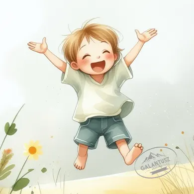 Mosolygó kisfiú ugrik a réten, karjait kitárja – az illusztráció érzelmet és pozitív viselkedésmintát közvetít gyerekek számára, vizuális nevelési célból.