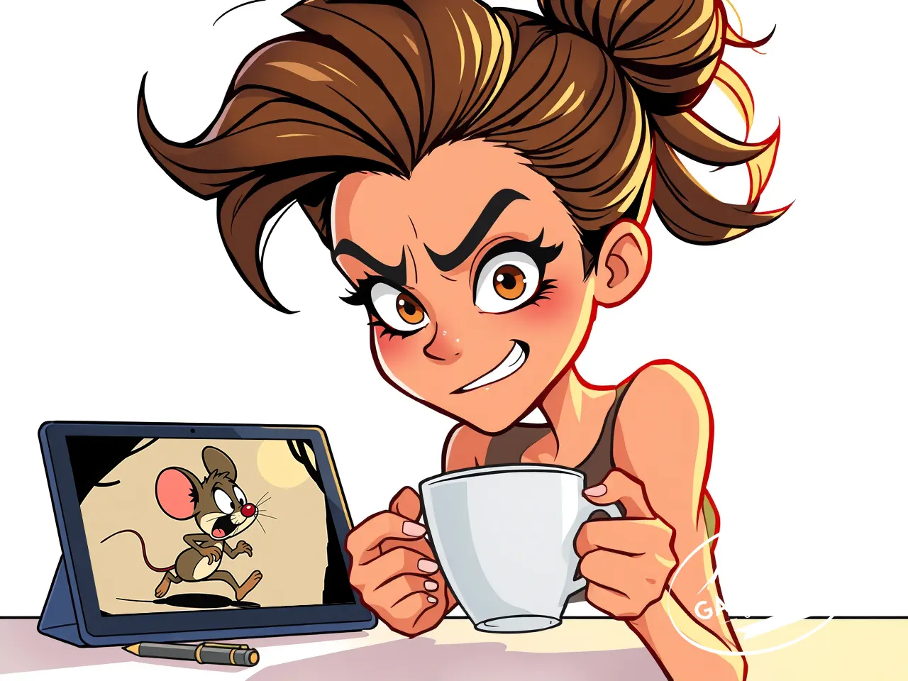 Ez a karikatúra stílusú illusztráció egy női illusztrátort ábrázol közelképen, aki fáradtan, enyhén rémült arckifejezéssel néz ránk, kezében egy gőzölgő kávéscsészét tartva. A háttérben digitális rajztábla látható egy befejezetlen karakterrajzzal, körülötte grafikai eszközök. A véreres szemek, izzadságcseppek és a túlzó mimika jól visszaadják a határidős munkavégzés feszültségét – mindezt humoros, mégis beszédes vizuális stílusban. A kép tökéletesen illeszkedik a kreatív workflow témájú blogcikkhez, ahol az alkotás nyomás alatti kihívásairól esik szó.