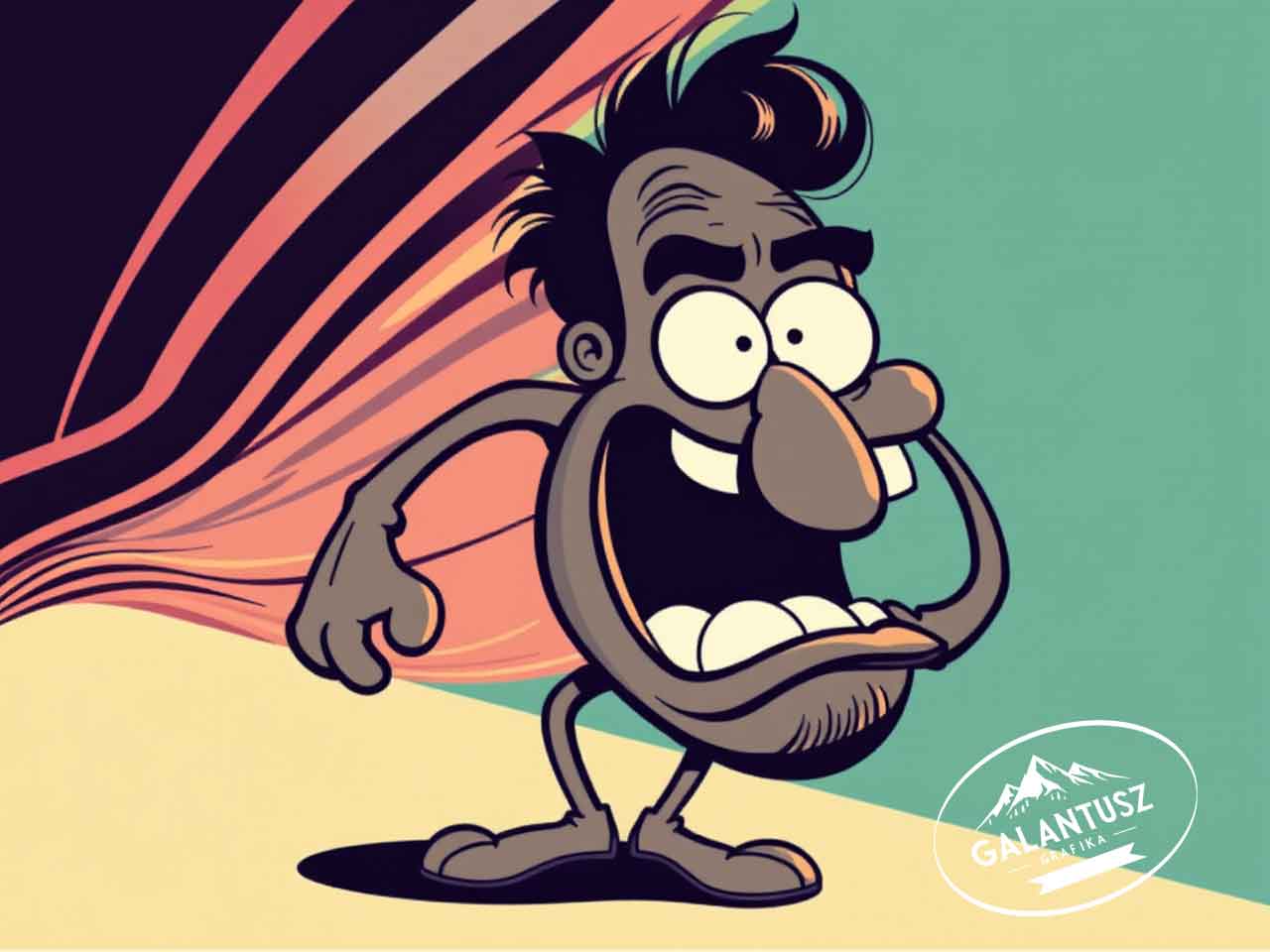 Ez a lendületes grafika egy retró karikatúra karaktert ábrázol, túlzó arcvonásokkal, élénk színekkel és vintage poszterhatással. A figura kifejező arca és mozgása a 70-es, 80-as évek reklám- és illusztrációs világát idézi, modern flat design elemekkel ötvözve. A háttérben lendületes, hullámzó színcsíkok fokozzák a dinamizmust. Tökéletes illusztrációs példa a retró-modern vizuális trendekhez.