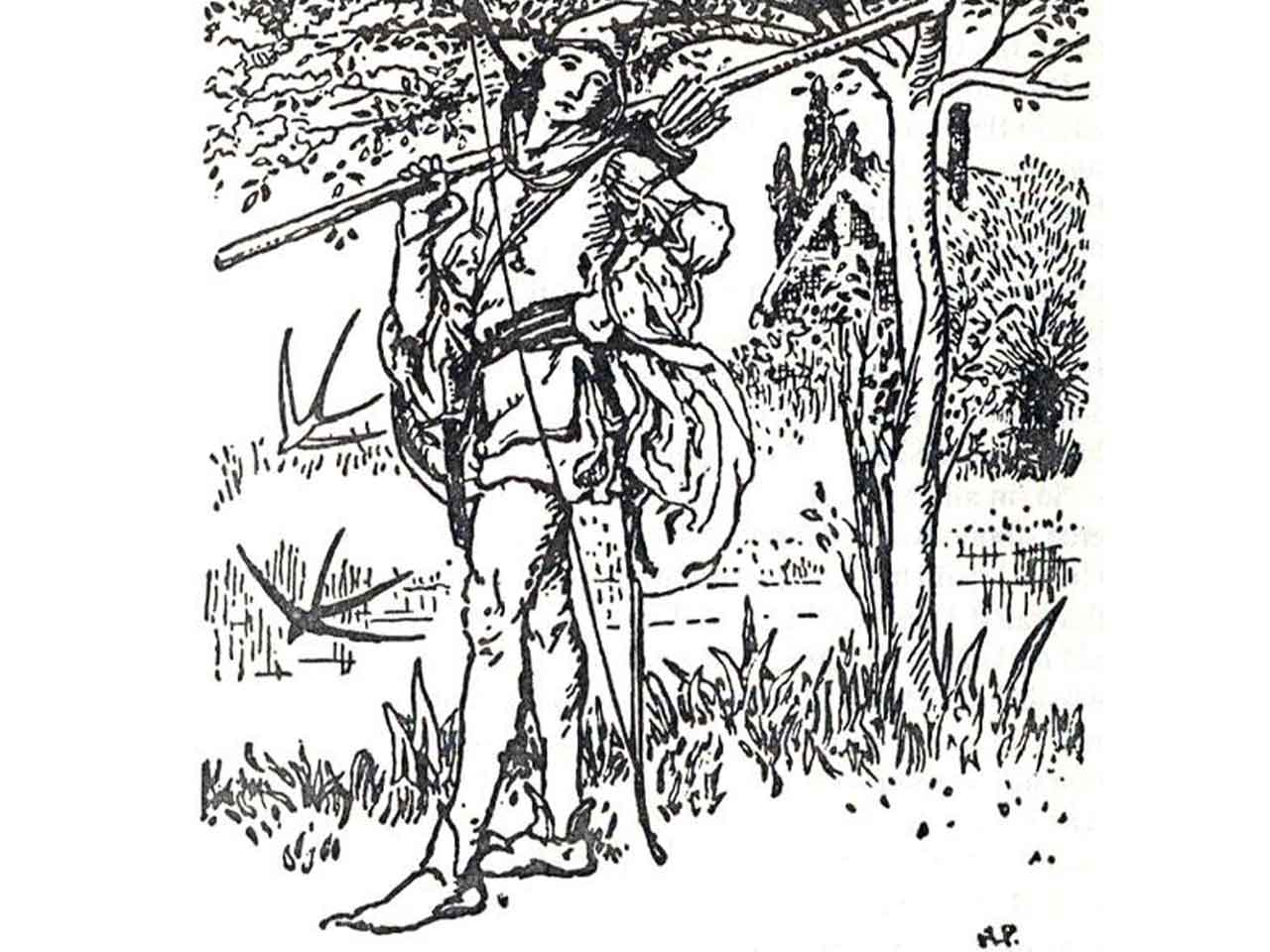 Howard Pyle fekete-fehér illusztrációja Robin Hoodról, vállán íjjal, nyugodt ligetes tájban.
