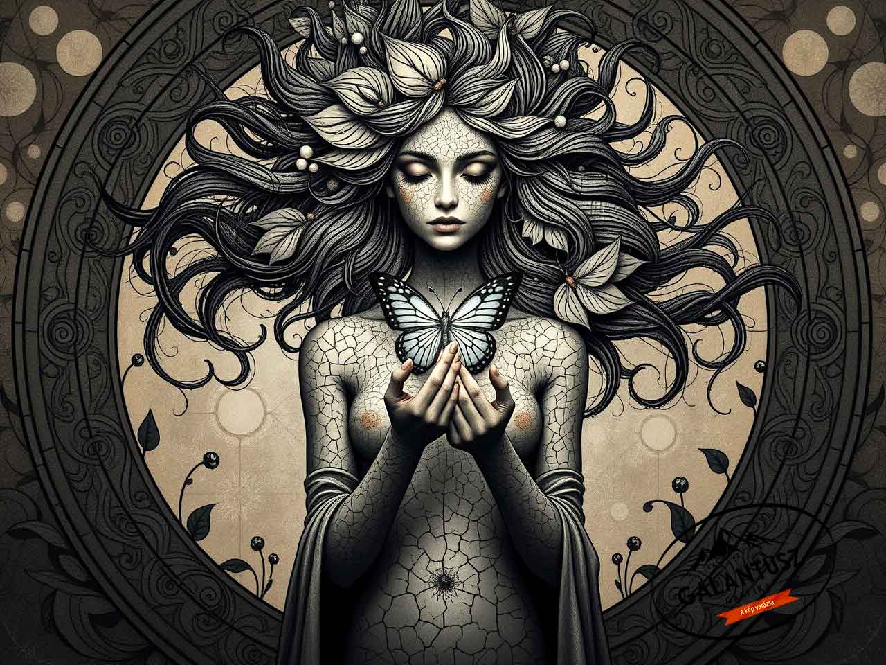 Művészi illusztráció nővel, indákkal és pillangóval – szecesszió kortárs értelmezésben