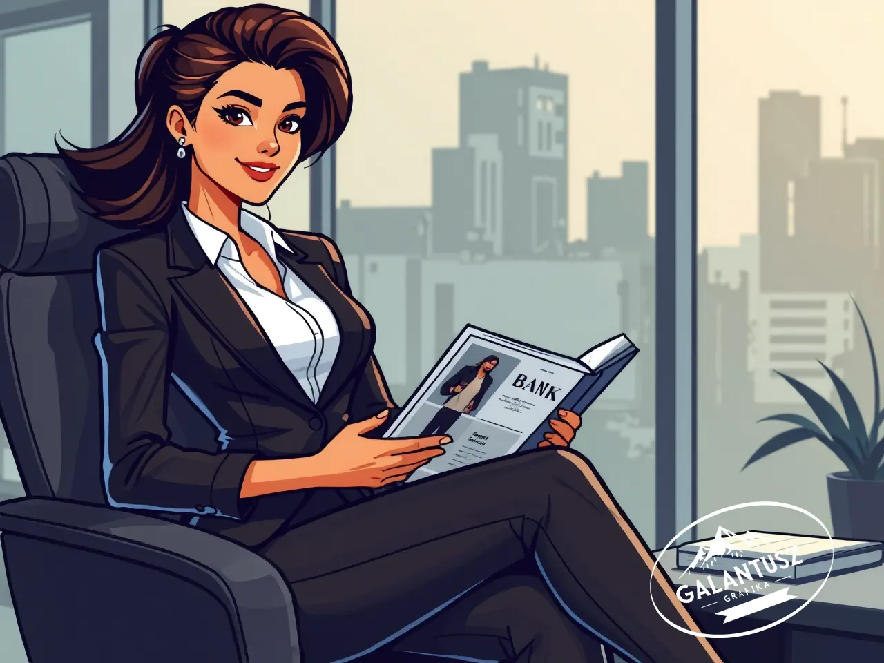 Elegáns üzleti karakter illusztráció irodai háttérrel, amely a vizuális kommunikáció és márkaépítés eszközeként szolgál, Galantusz Grafika stílusában.