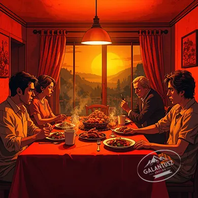 Illusztráció egy feszültséggel teli családi vacsoráról naplementében, meleg színekkel, vizuális figyelemvezetéssel – Galantusz Grafika