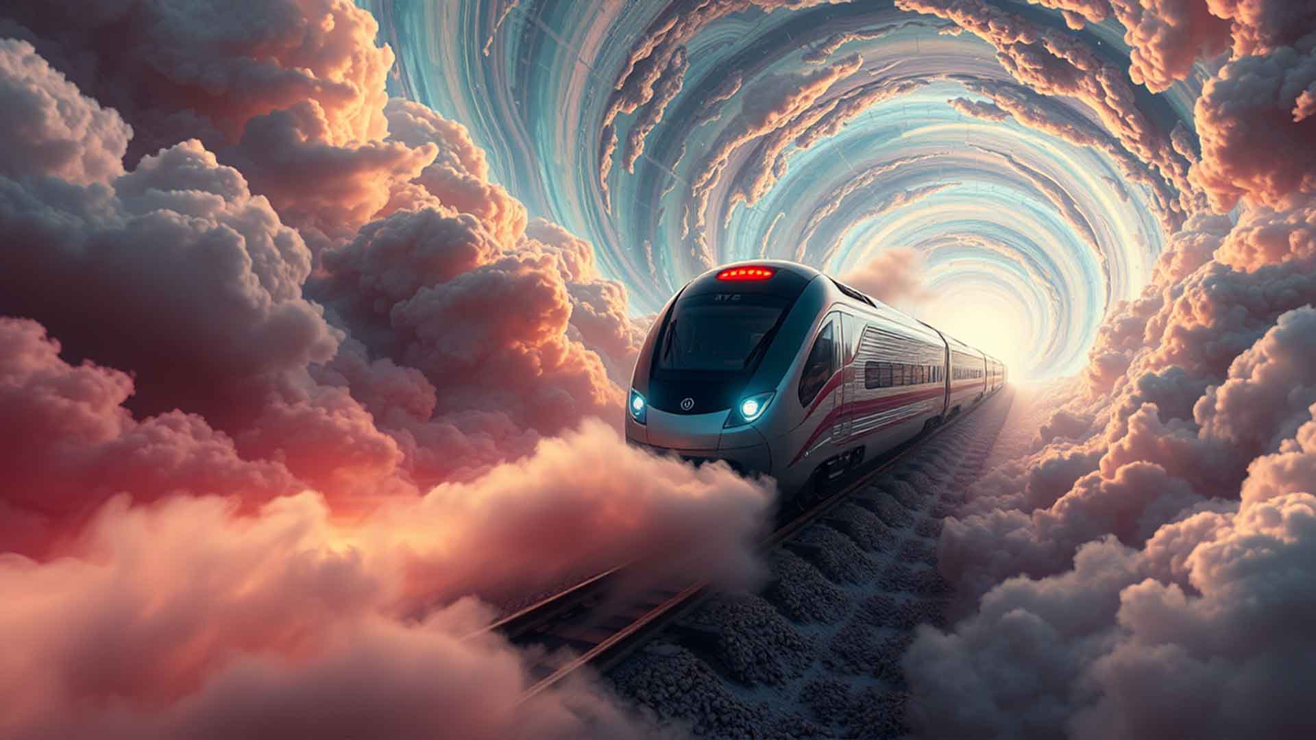 Ez a szürreális illusztráció egy modern vonatot ábrázol, amely egy felhőkkel és örvénylő galaxisokkal teli alagúton keresztül halad a fény felé. A vonat futurisztikus vonalvezetése és a háttér részletes felhőformái álomszerű hangulatot teremtenek. Az élénk színek és a fantasztikus táj lenyűgöző látványt nyújtanak, tökéletesen illeszkedve a kreatív és fantáziadús vizuális történetmeséléshez.