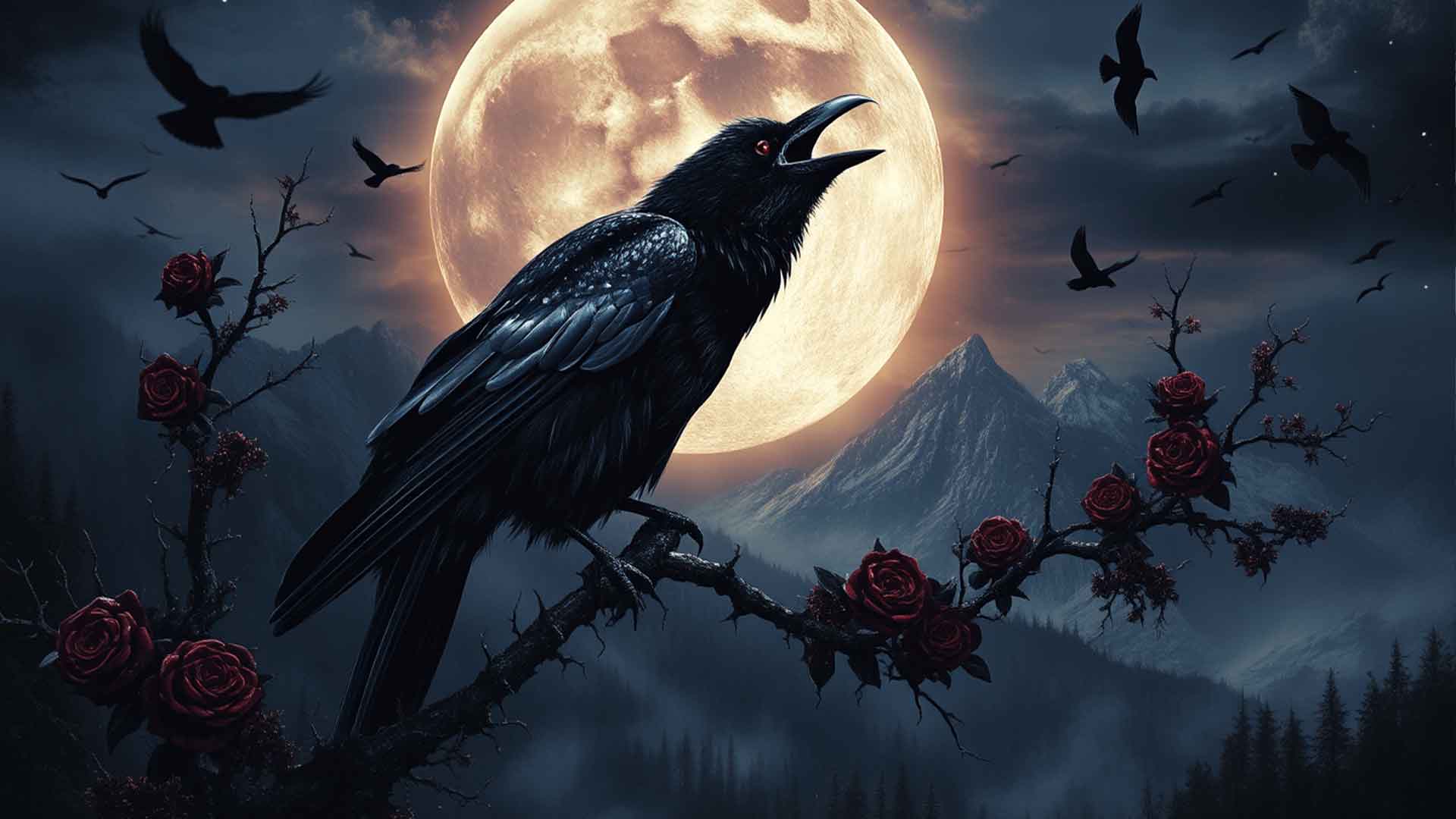 Fekete holló vörös rózsás ágon, telihold és hegyek hátterével, gótikus digitális illusztráció.