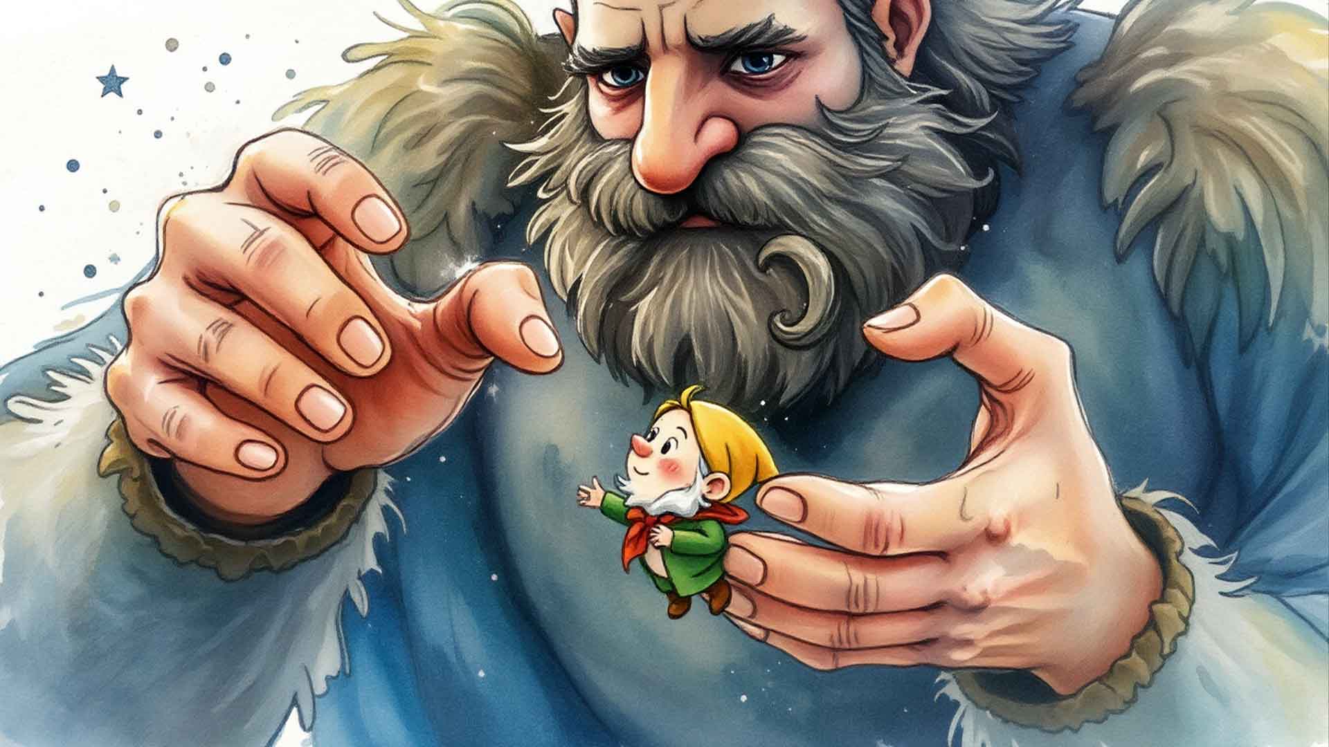 Barátságos óriás és apró törpe találkozása, részletes könyvillusztráció gyerekkönyvekhez.