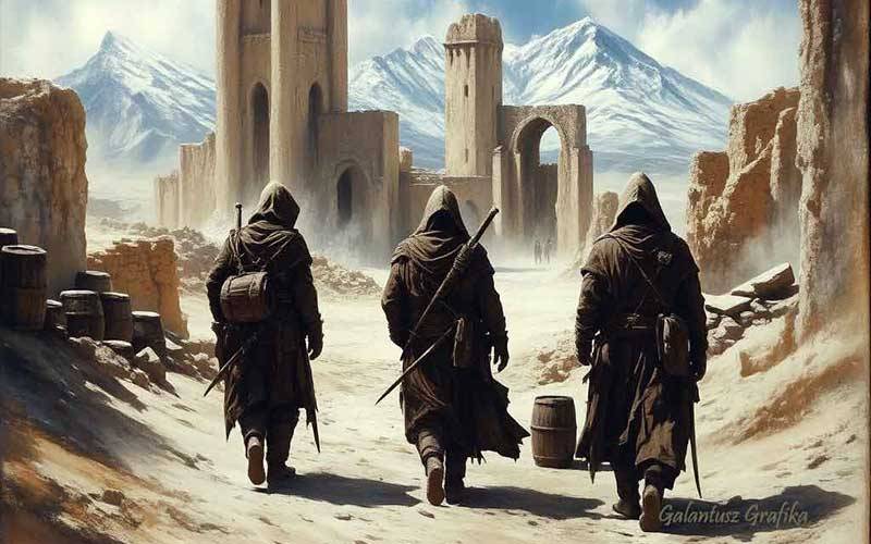 csuklyás harcosok romos városban, havas hegyekkel kalandfantasy illusztráció