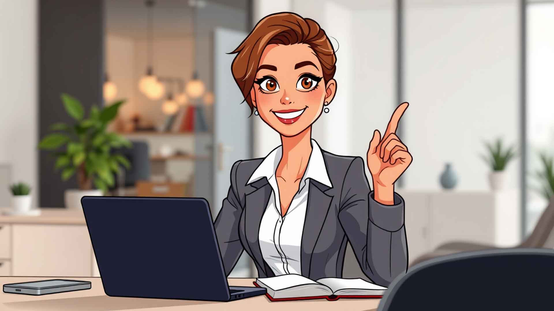 Mosolygó üzletasszony ül laptop mellett, jegyzetfüzettel és felemelt mutatóujjal, modern irodai illusztráció, honlapkészítéshez.